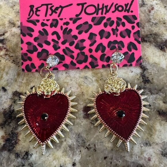 EARRINGS! Betsey Johnson Red and Gold Rose and Heart Spike Earrings BNWT - Picture 3 of 5